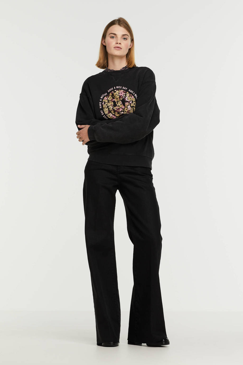 Grijze dames Catwalk Junkie sweater Happy Mood van biologisch katoen met all over print, lange mouwen en ronde hals