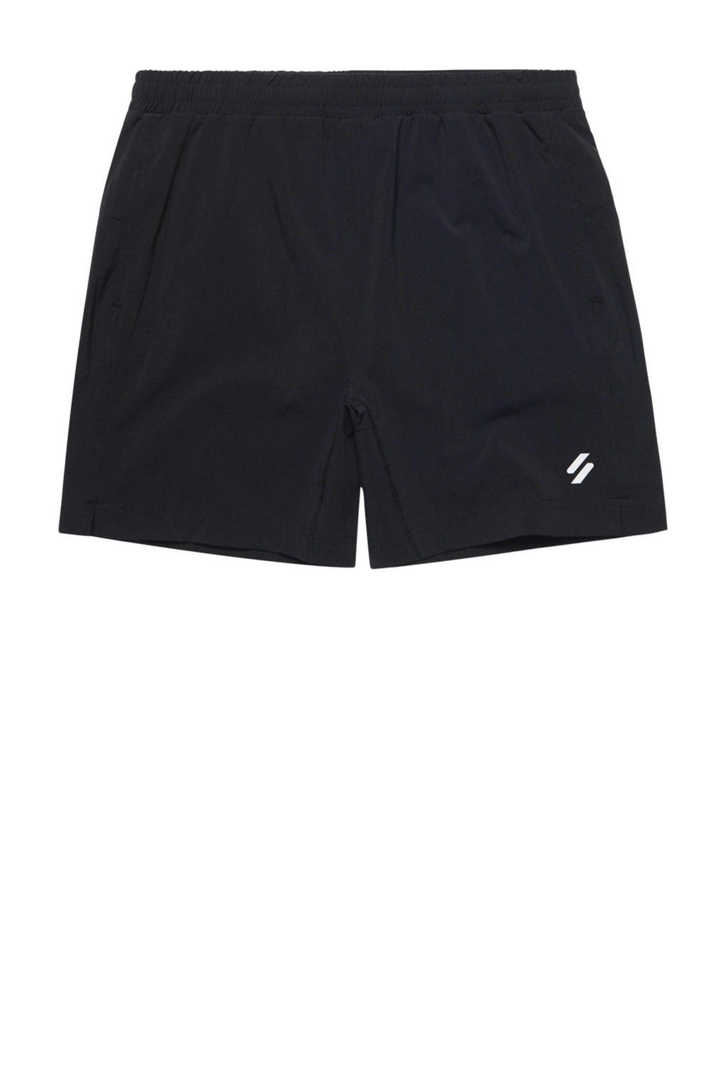 Zwarte heren Superdry Sport sportshort van nylon met regular fit, elastische tailleband met koord en logo dessin