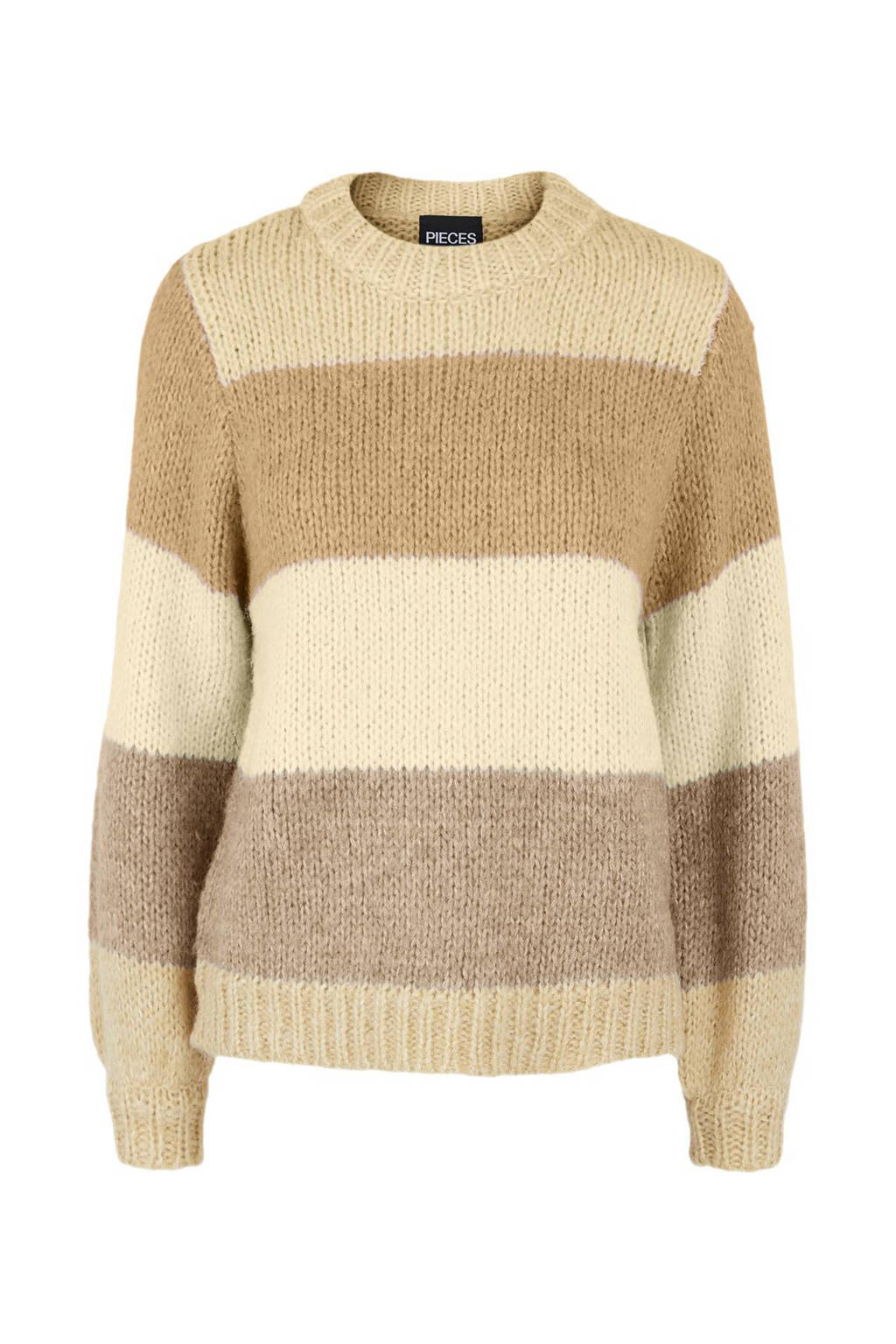 Beige dames PIECES gestreepte gebreide trui van polyester met lange mouwen en ronde hals