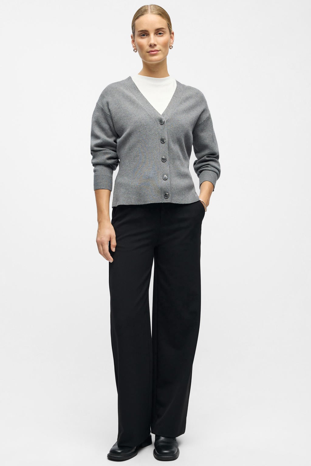 OBJECT wide leg pantalon OBJLISA van polyester zwart