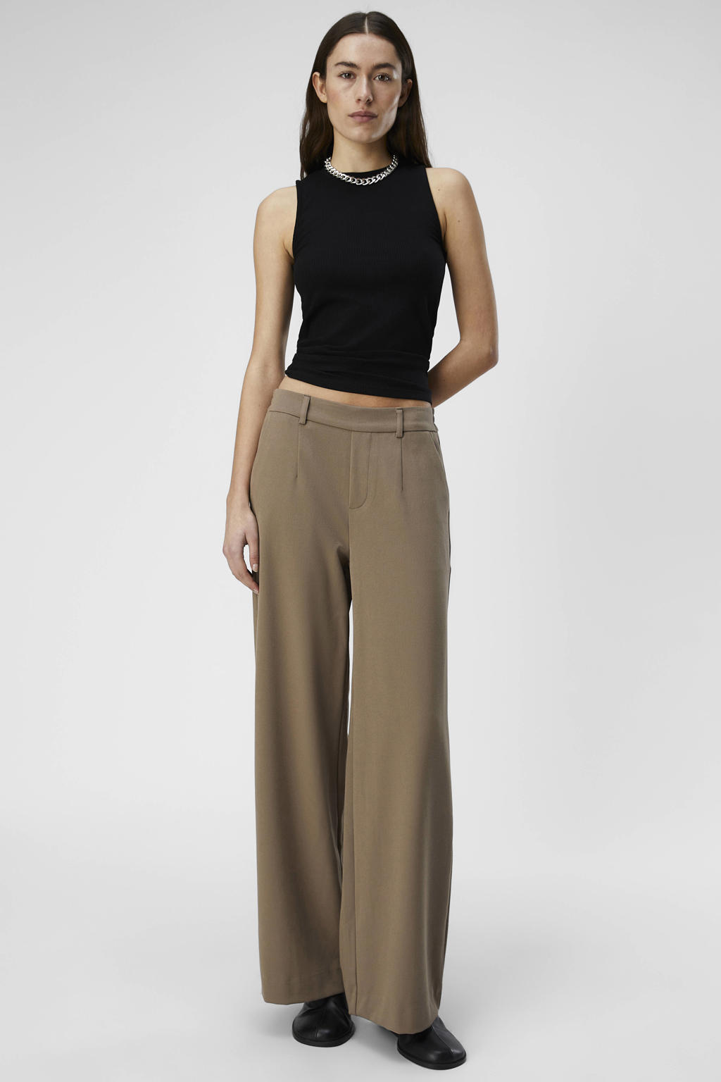 OBJECT wide leg pantalon OBJLISA van polyester taupe