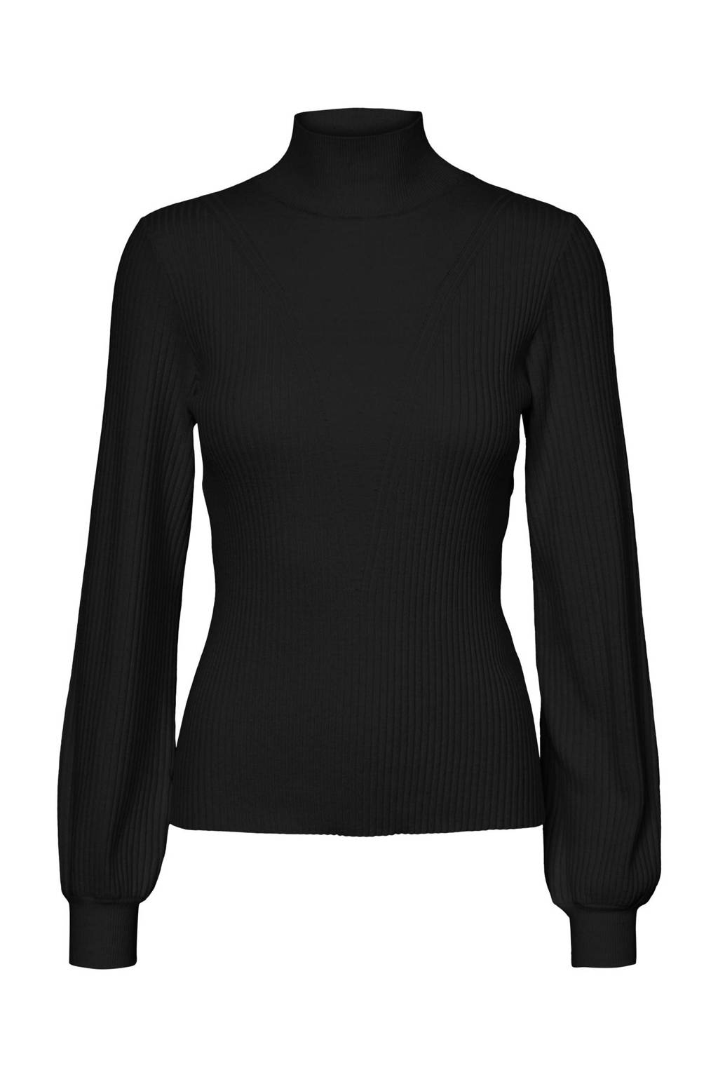 Zwarte dames VERO MODA ribgebreide trui met lange mouwen, col en ballonmouwen