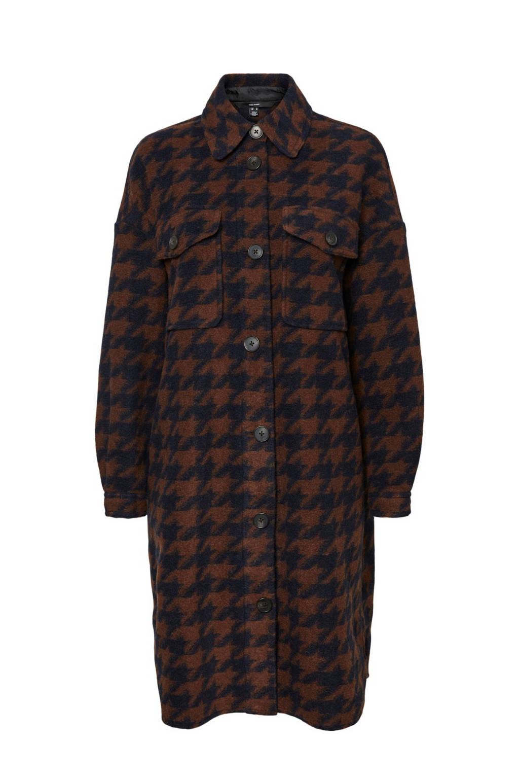 Bruin en donkerblauwe dames VERO MODA shacket van gerecycled polyester met lange mouwen, klassieke kraag en knoopsluiting