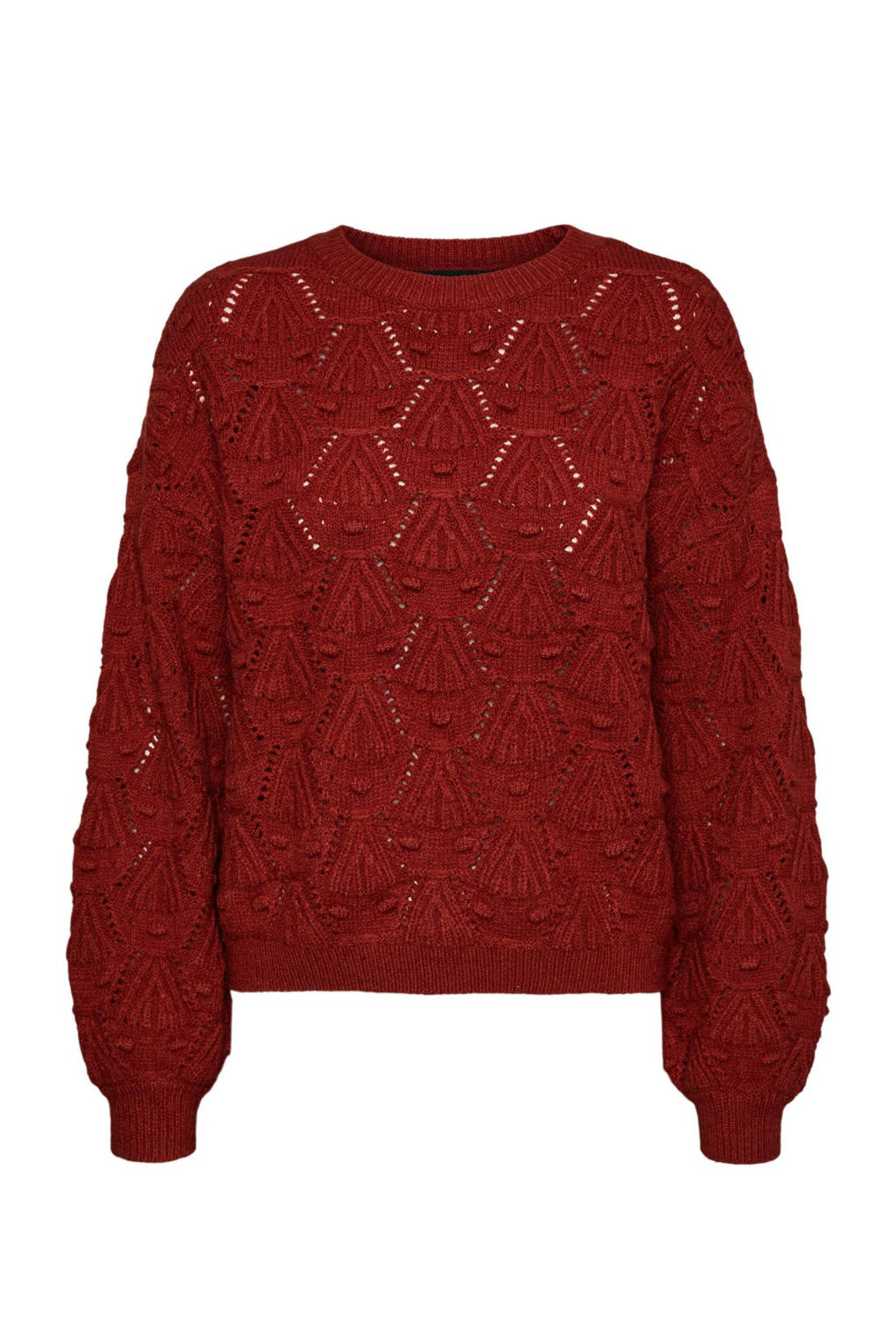 Donkerrode dames VERO MODA gebreide trui van acryl met lange mouwen en ronde hals