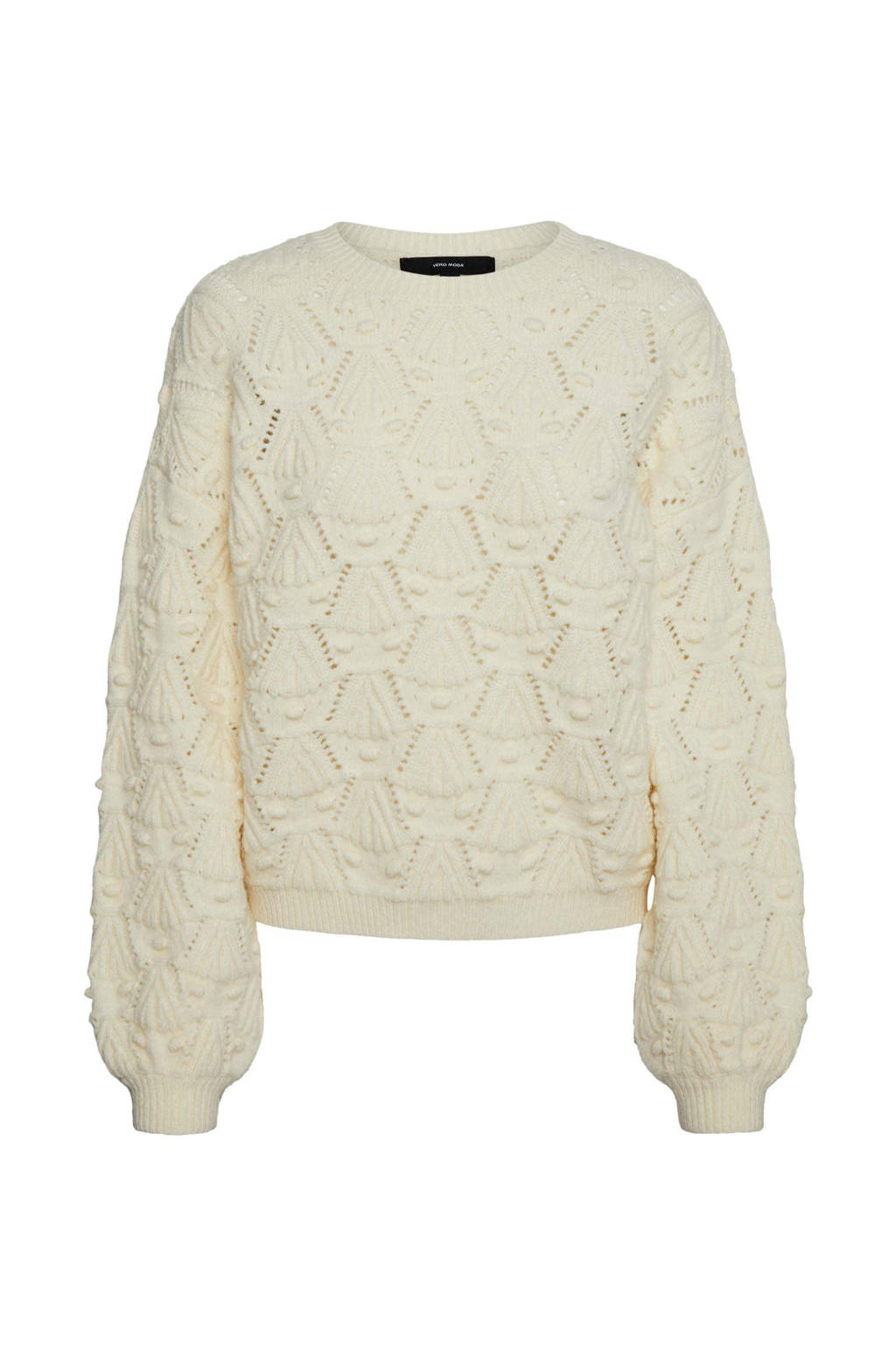 Ecru dames VERO MODA gebreide trui van acryl met lange mouwen en ronde hals