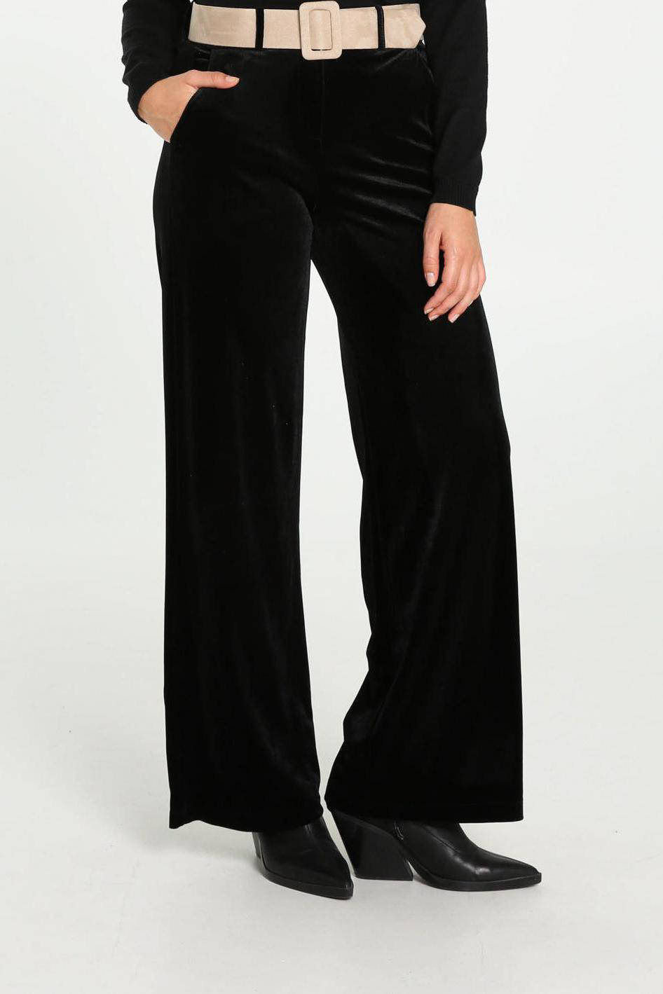 Cassis velours wide leg broek zwart | wehkamp