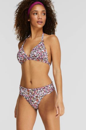 gebloemde halter bikinitop met structuur roze/zwart/wit