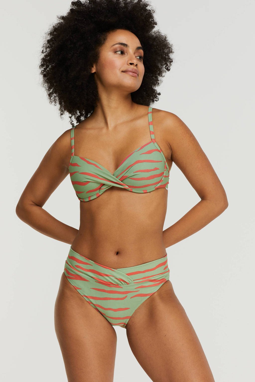 BEACHWAVE halter bikinitop met zebraprint groen/rood, Groen/rood