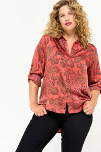 Koraalrode dames LOLALIZA blouse van polyester met paisley print, lange mouwen, klassieke kraag en knoopsluiting