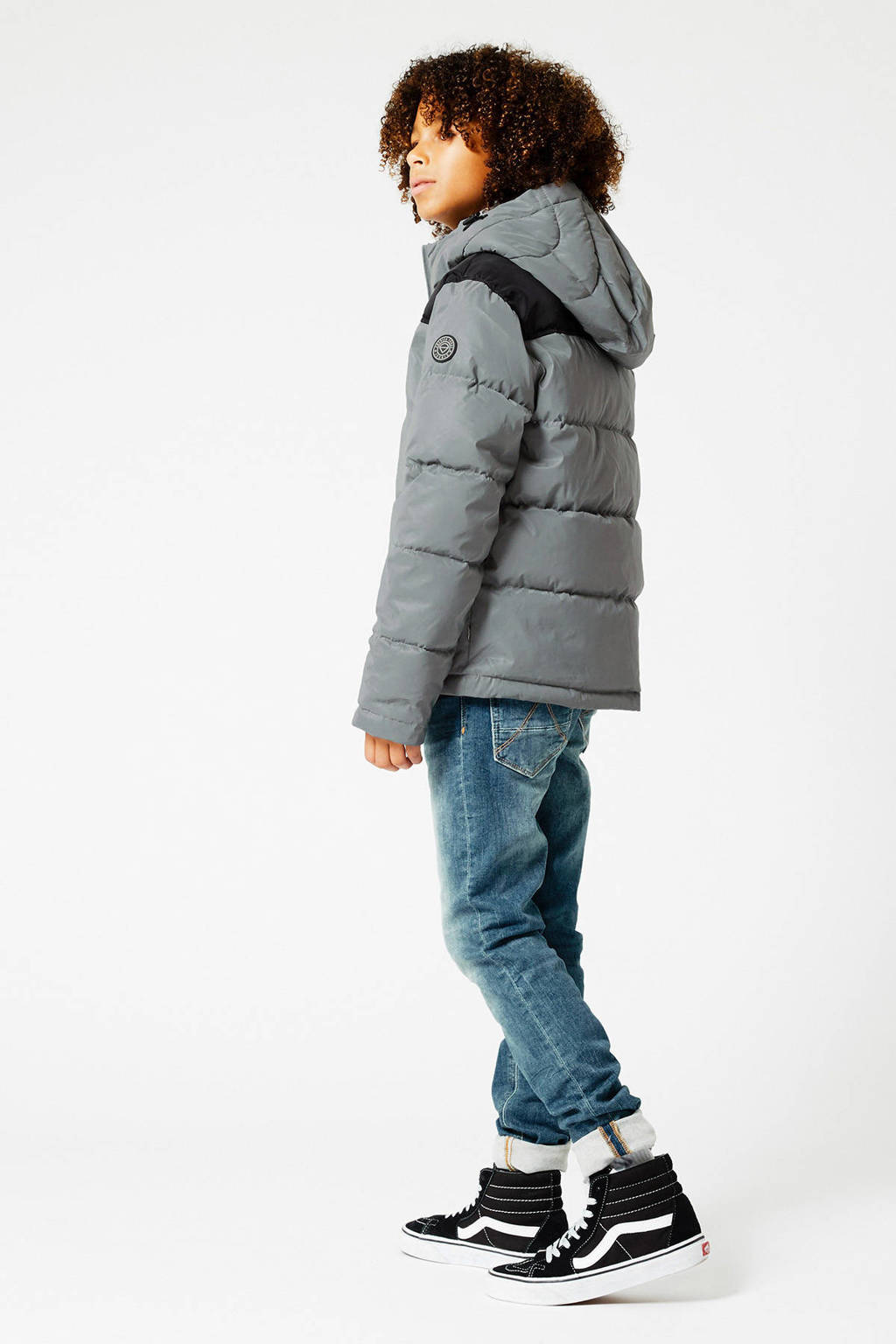 Grijze jongens America Today Junior gewatteerde winterjas van nylon met lange mouwen, capuchon en ritssluiting
