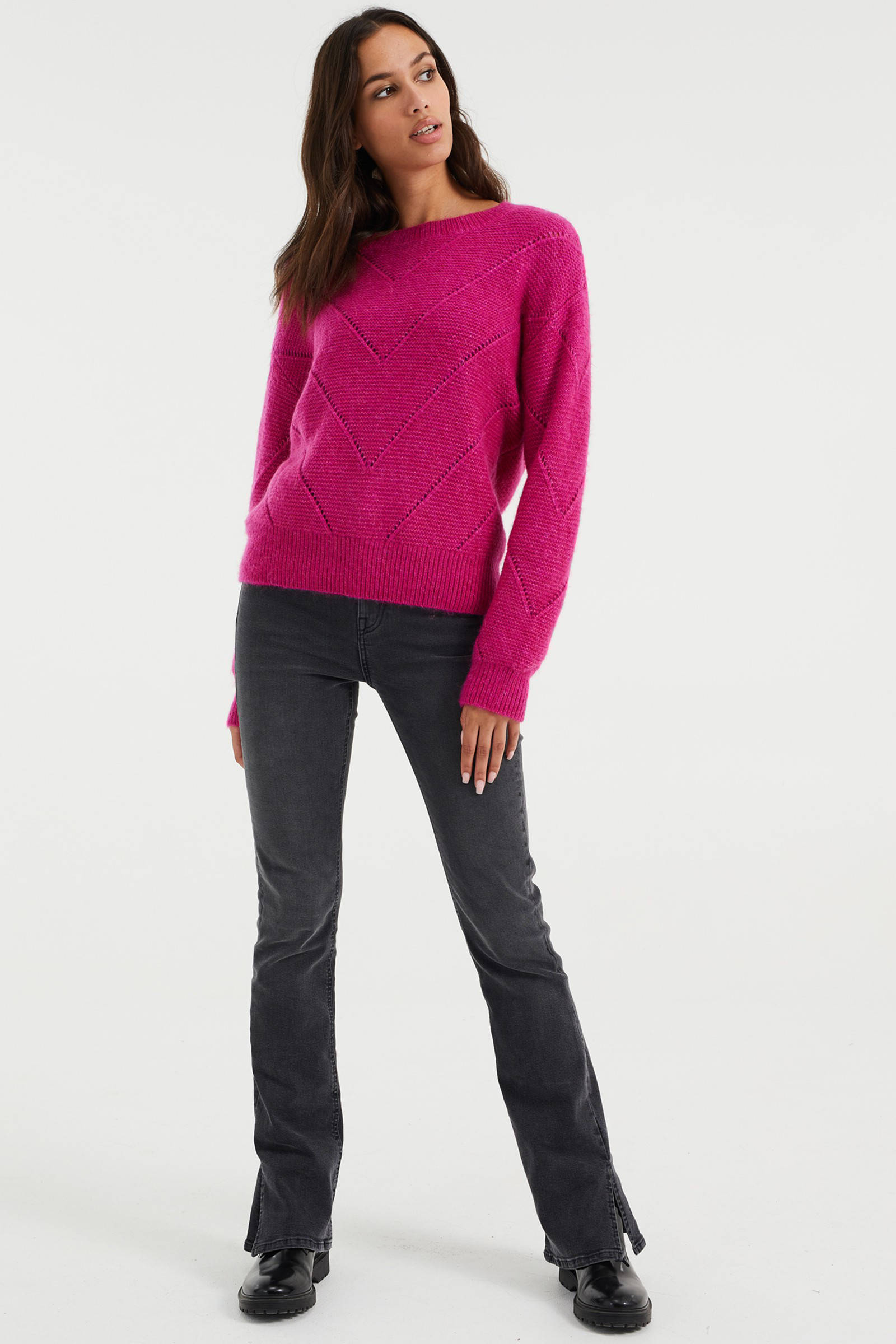 WE Fashion grofgebreide trui met open detail fuchsia | wehkamp