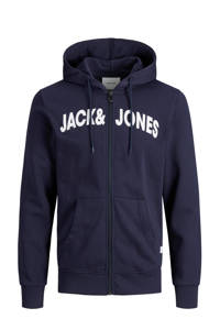 Donkerblauwe heren JACK & JONES PLUS SIZE sweatvest Plus Size van katoen met logo dessin, lange mouwen, capuchon en ritssluiting
