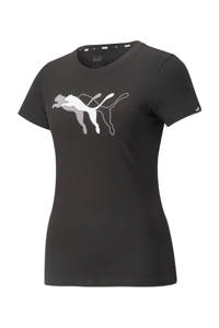 Zwarte dames Puma sport T-shirt Power Graphic van katoen met logo dessin, korte mouwen en ronde hals