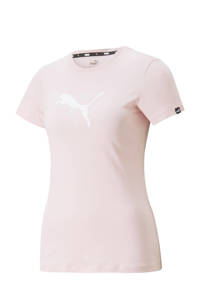 Lichtroze dames Puma T-shirt van katoen met logo dessin, korte mouwen en ronde hals