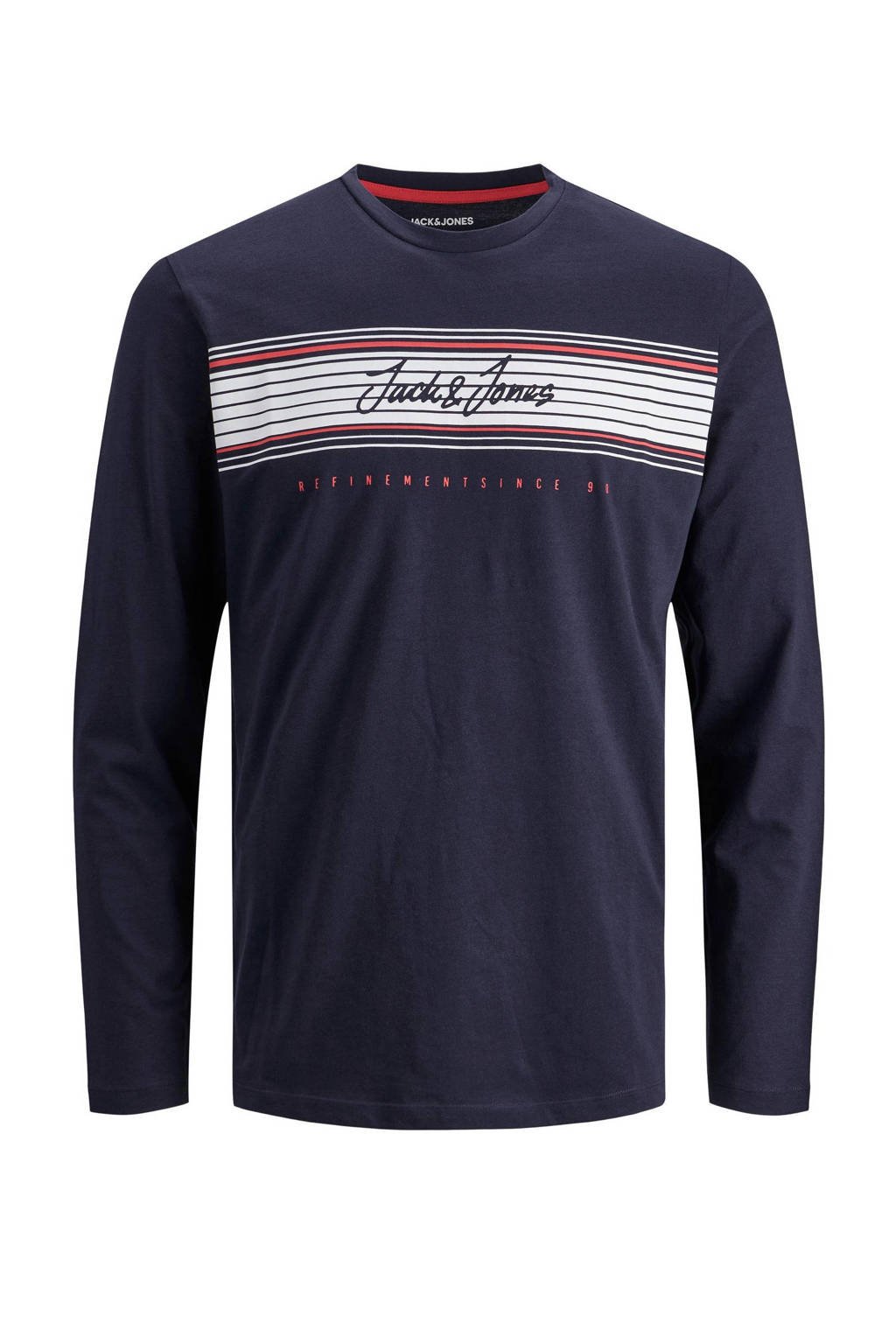 Donkerblauwe heren JACK & JONES longsleeve van katoen met lange mouwen en ronde hals