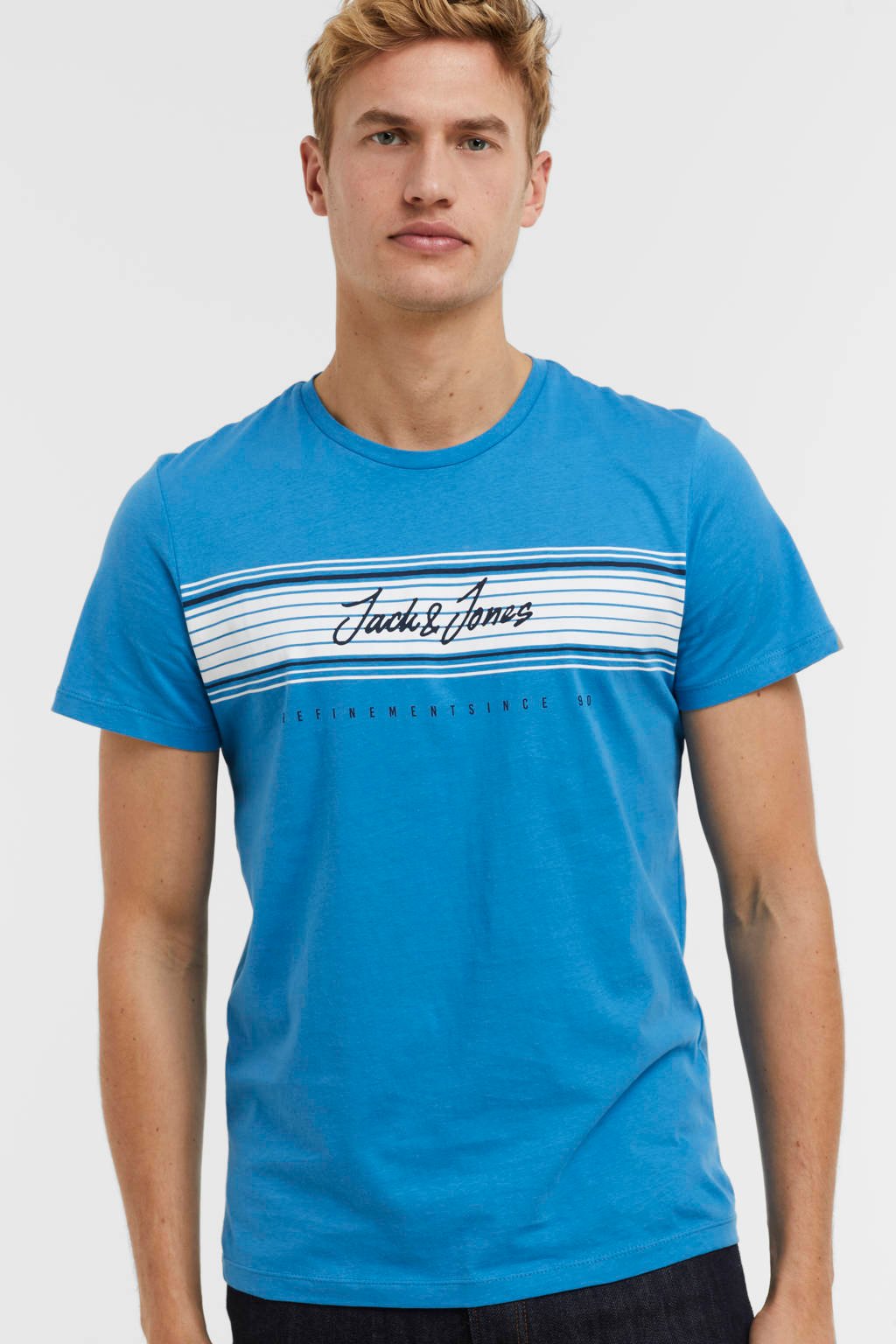 Blauwe heren JACK & JONES T-shirt van katoen met logo dessin, korte mouwen en ronde hals