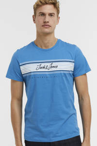 Blauwe heren JACK & JONES T-shirt van katoen met logo dessin, korte mouwen en ronde hals
