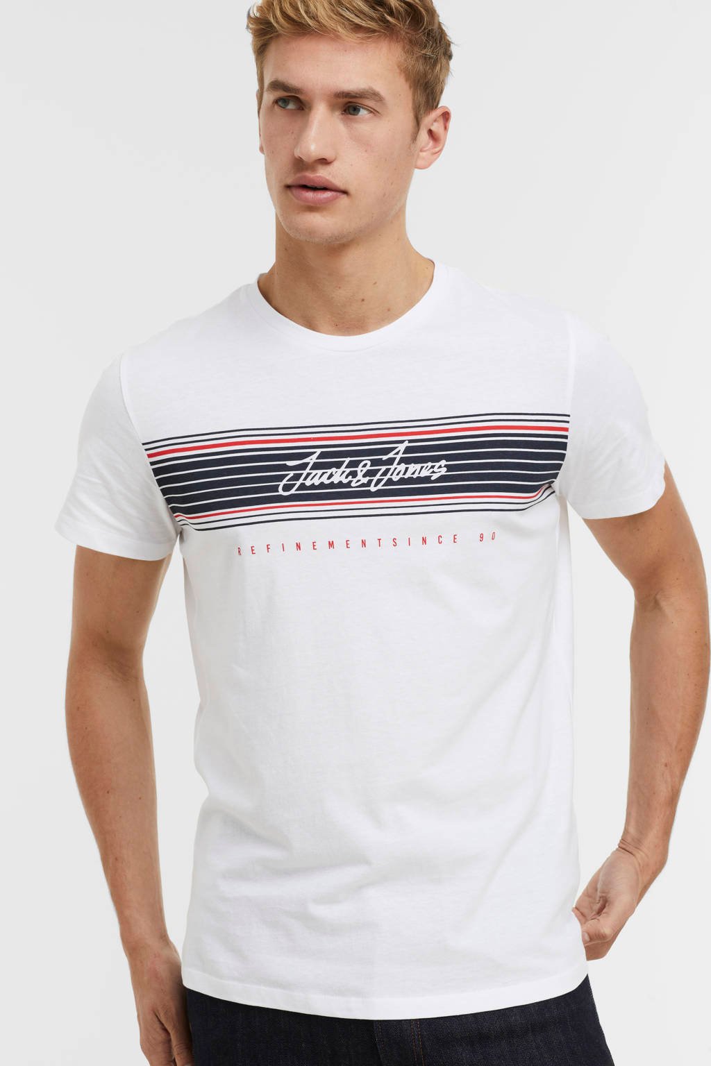 Witte heren JACK & JONES T-shirt van katoen met logo dessin, korte mouwen en ronde hals