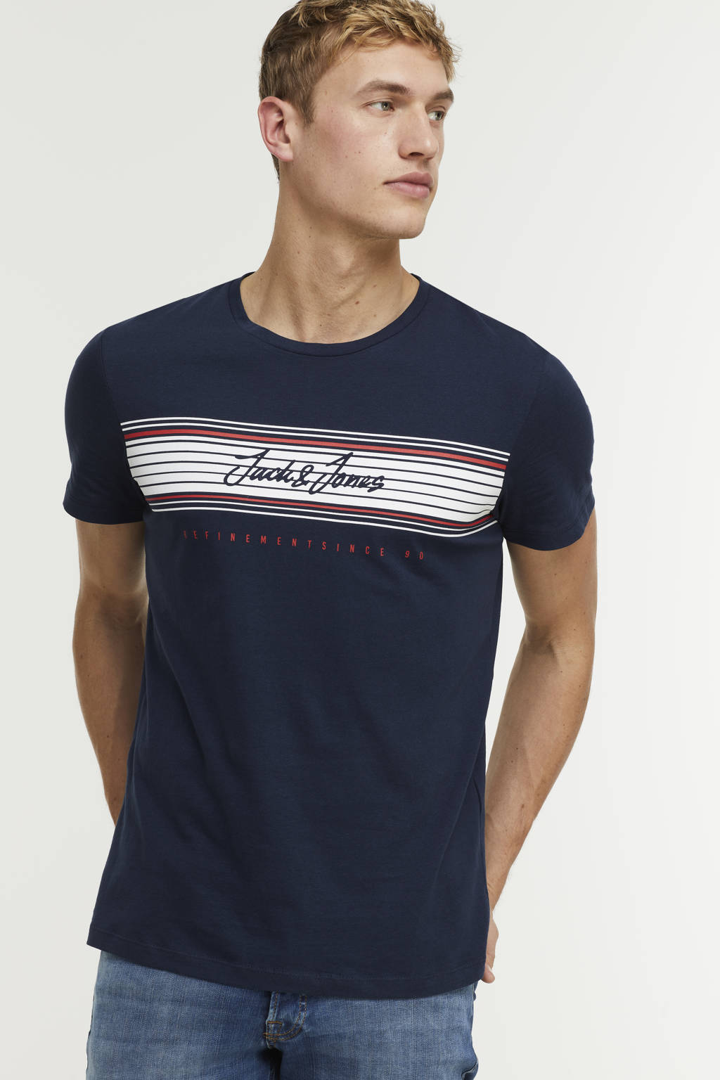 Donkerblauwe heren JACK & JONES T-shirt van katoen met logo dessin, korte mouwen en ronde hals