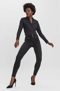 Zwarte dames VERO MODA blouse van katoen met lange mouwen, klassieke kraag en knoopsluiting