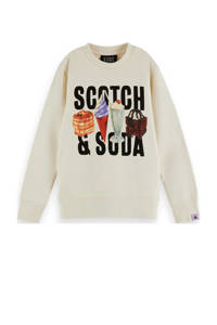 Ecru jongens Scotch & Soda sweater met logo dessin, lange mouwen, ronde hals en geribde boorden