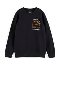 Zwarte jongens Scotch & Soda sweater met logo dessin, lange mouwen, ronde hals en geribde boorden