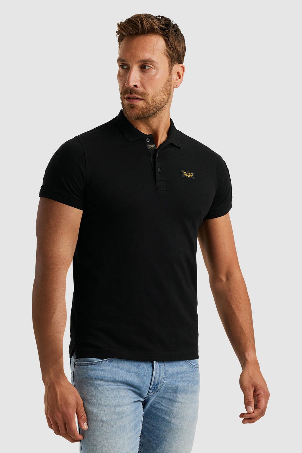 Zwarte heren PME Legend polo van stretchkatoen met logo dessin, korte mouwen, knoopsluiting en pique