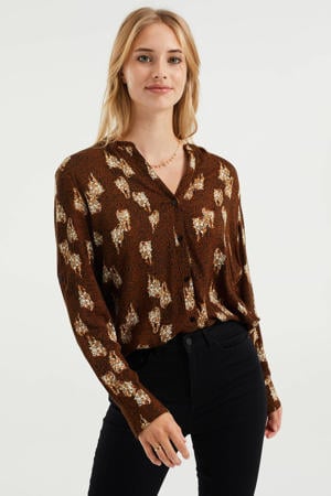 blouse met all over print en plooien bruin/zwart/oranje/wit