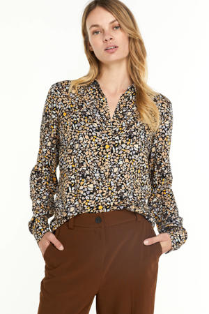 blouse Bilda met all over print zwart/bruin/grijsblauw