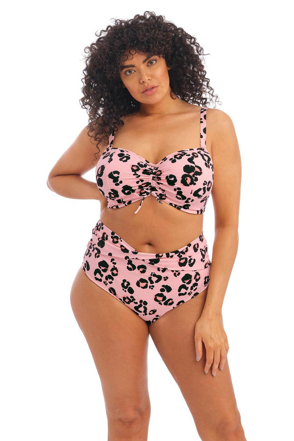 Elomi +size strapless bandeau bikinitop Kambuku met panterprint roze/zwart