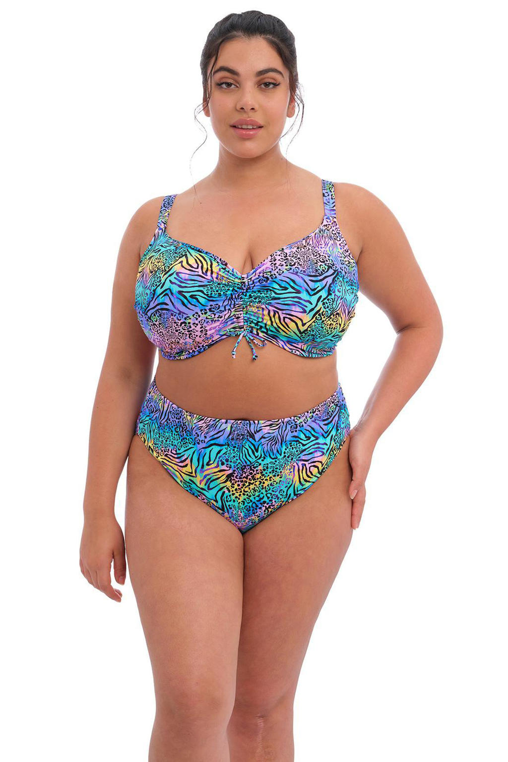 Elomi +size niet-voorgevormde beugel bikinitop Electric Savannah met dierenprint blauw/roze/lila