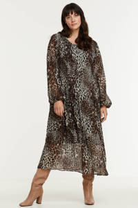 Beige, bruin en zwarte dames No.1 by OX semi-transparante maxi jurk van polyester met dierenprint, lange mouwen en ronde hals