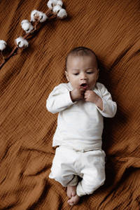Ecru en lichtblauwe meisjes LEVV newborn baby longsleeve Camiel van duurzaam stretchkatoen met all over print, lange mouwen, ronde hals en drukknoopsluiting
