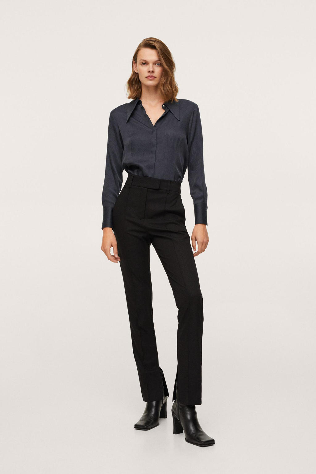 Antraciete dames Mango blouse van viscose met lange mouwen, klassieke kraag en knoopsluiting
