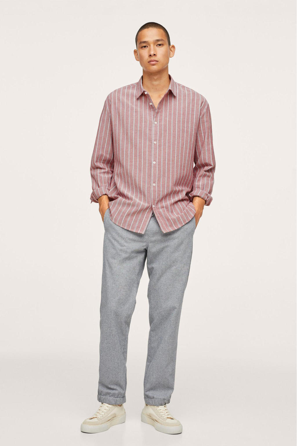 Donkerrode heren Mango Man gestreept oversized overhemd van katoen met lange mouwen, klassieke kraag en knoopsluiting
