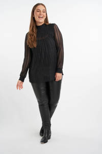 Zwarte dames MS Mode semi-transparante top van polyester met lange mouwen, opstaande kraag, knoopsluiting en lurex