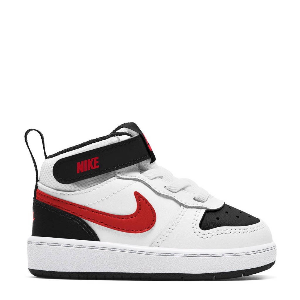 Wit, rood en zwarte jongens en meisjes Nike COURT BOROUGH MID 2 (TDV) leren sneakers met elastische veter- met klittenbandsluiting