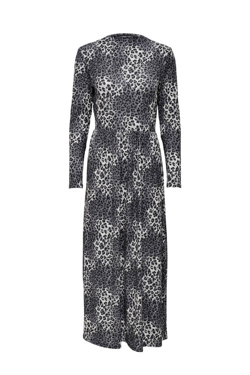 Grijs en zwarte dames JDY maxi jurk met plooien van polyester met panterprint, lange mouwen en ronde hals