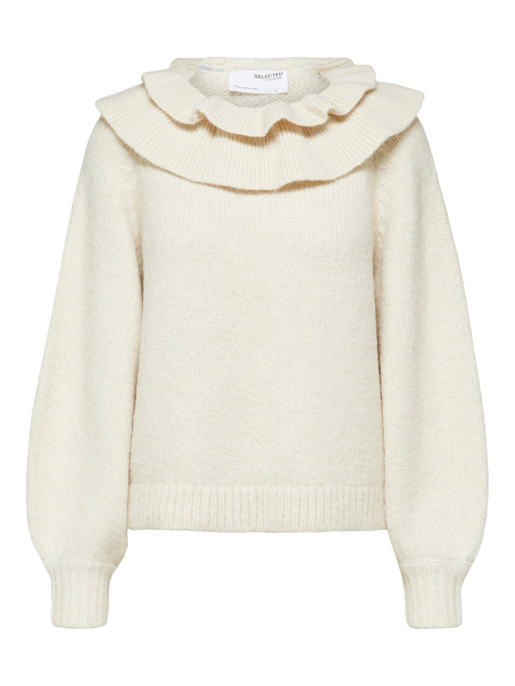 Ecru dames SELECTED FEMME trui van nylon met lange mouwen, peter pan-kraag en volant