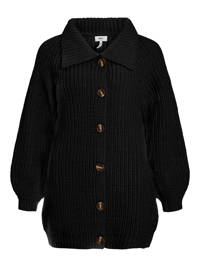 Zwarte dames OBJECT gebreid vest van gerecycled polyester met lange mouwen, klassieke kraag, knoopsluiting en ballonmouwen