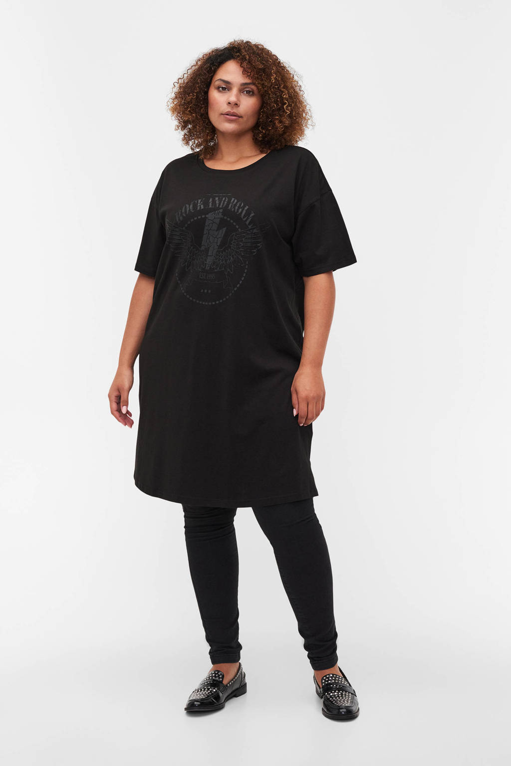 Zwarte dames Zizzi T-shirtjurk katoen met printopdruk, half lange mouwen en ronde hals