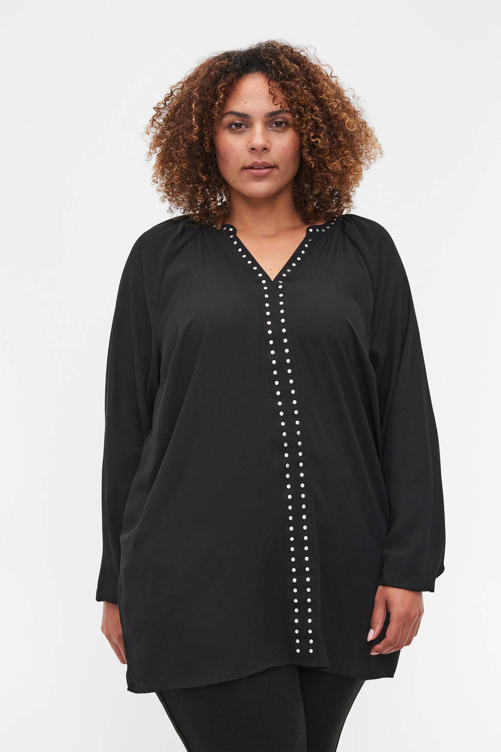 Zwarte dames Zizzi top van polyester met lange mouwen, V-hals en studs