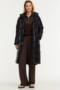 Zwarte dames ONLY gewatteerde jas van nylon met lange mouwen, capuchon, ritssluiting en doorgestikte details
