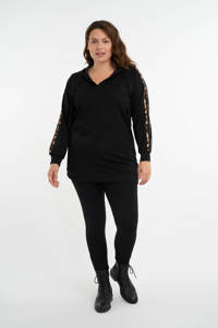 Zwart en bruine dames MS Mode hoodie van polyester met panterprint, lange mouwen, capuchon en elastische boord
