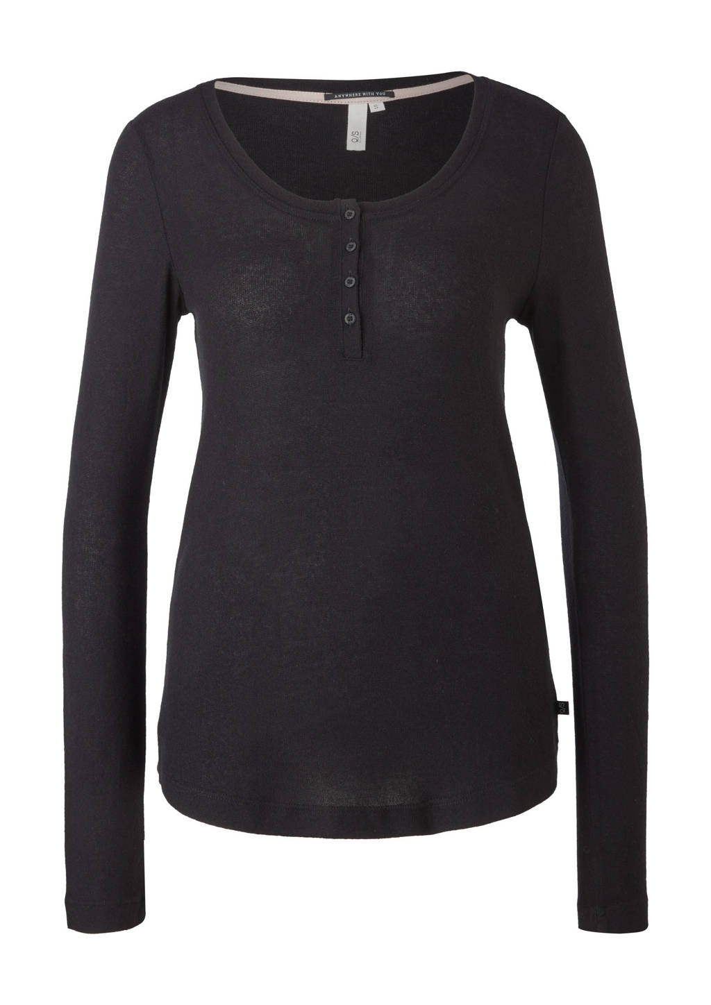 Zwarte dames Q S designed by basic longsleeve van polyester met lange mouwen, ronde hals en knoopsluiting