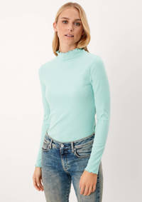 Turquoise dames Q S designed by ribgebreide top van polyester met lange mouwen en opstaande kraag