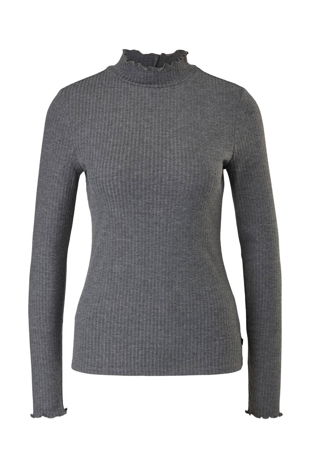 Grijze dames Q S designed by ribgebreide top van polyester met lange mouwen en opstaande kraag