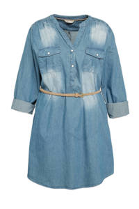 Blauwe dames z-one blouse Patty van katoen met vintage look, lange mouwen, V-hals, knoopsluiting en ceintuur