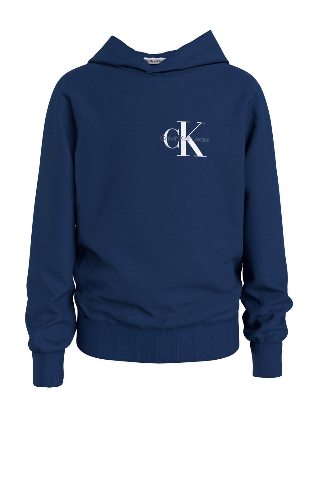 Blauwe jongens en meisjes CALVIN KLEIN JEANS hoodie van sweat materiaal met logo dessin, lange mouwen, capuchon en elastische inzet