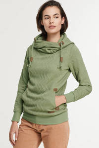 Groene dames Hailys hoodie Janette van polyester met ingebreid patroon, lange mouwen, capuchon en tunnelkoord